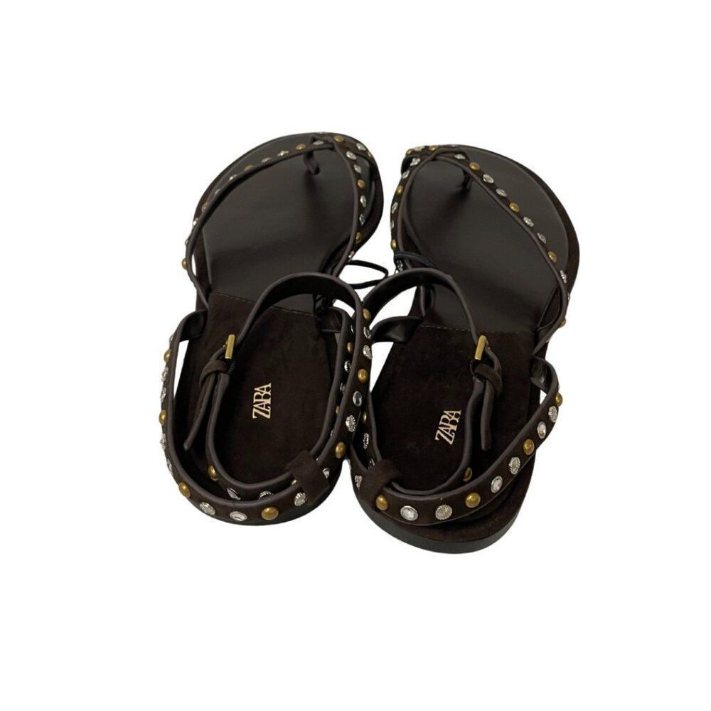Zara Women Beaded Leather Sandals EU 41 US 10 Brown Ankle strap 1614/610 NWOB - Picture 6 of 11